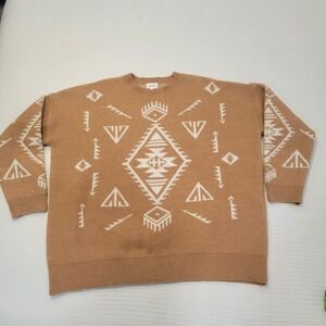 HEYSON 1XL Camel Aztec Geometric Print Long Sleeve Knit Sweater